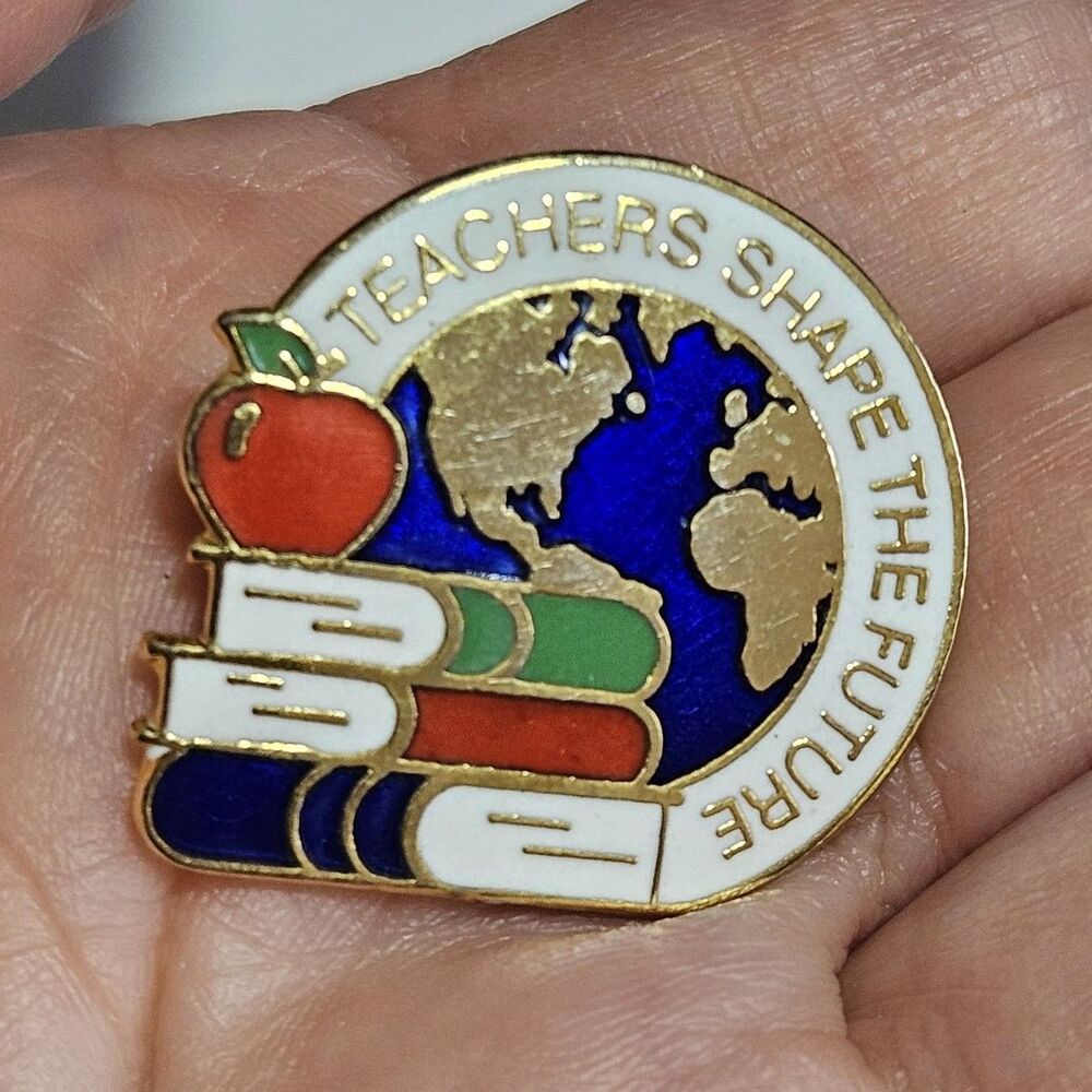 Vintage Teacher Enamel Pin Shape the Future Book Apple Globe Hat Lapel Gold Tone